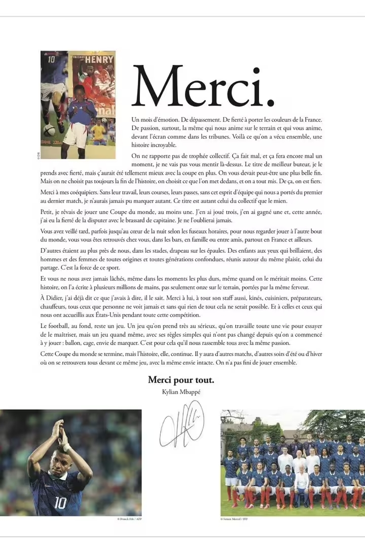 Pleine page « Merci » signée Kylian Mbappé, publiée dans L'Équipe
