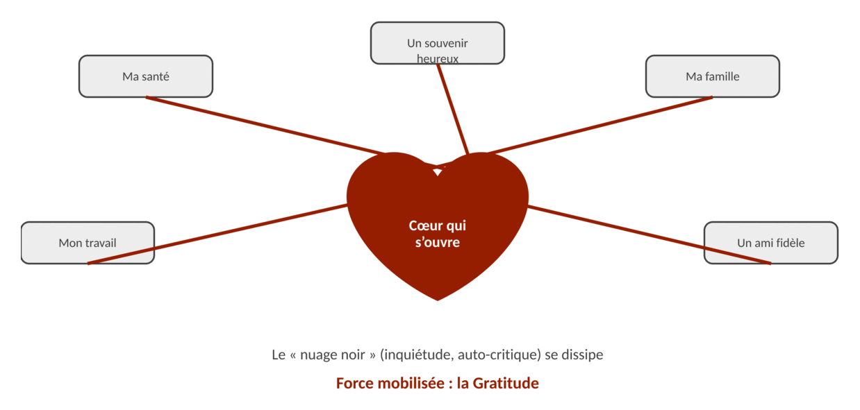 Schéma du flux de gratitude : cinq sujets de reconnaissance (ma santé, un souvenir heureux, ma famille, mon travail, un ami fidèle) ouvrent le cœur. Force mobilisée : la gratitude