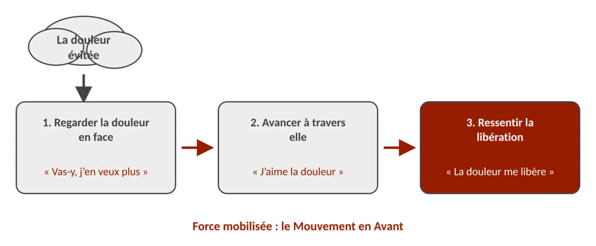 Schéma de l’inversion du désir : regarder la douleur en face, avancer à travers elle, ressentir la libération. Force mobilisée : le Mouvement en avant